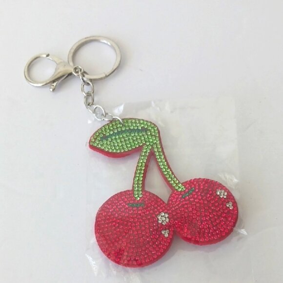 Sparkling Rhinestones Red and Green Cherry Keychain Handbag Charm - Picture 1 of 4